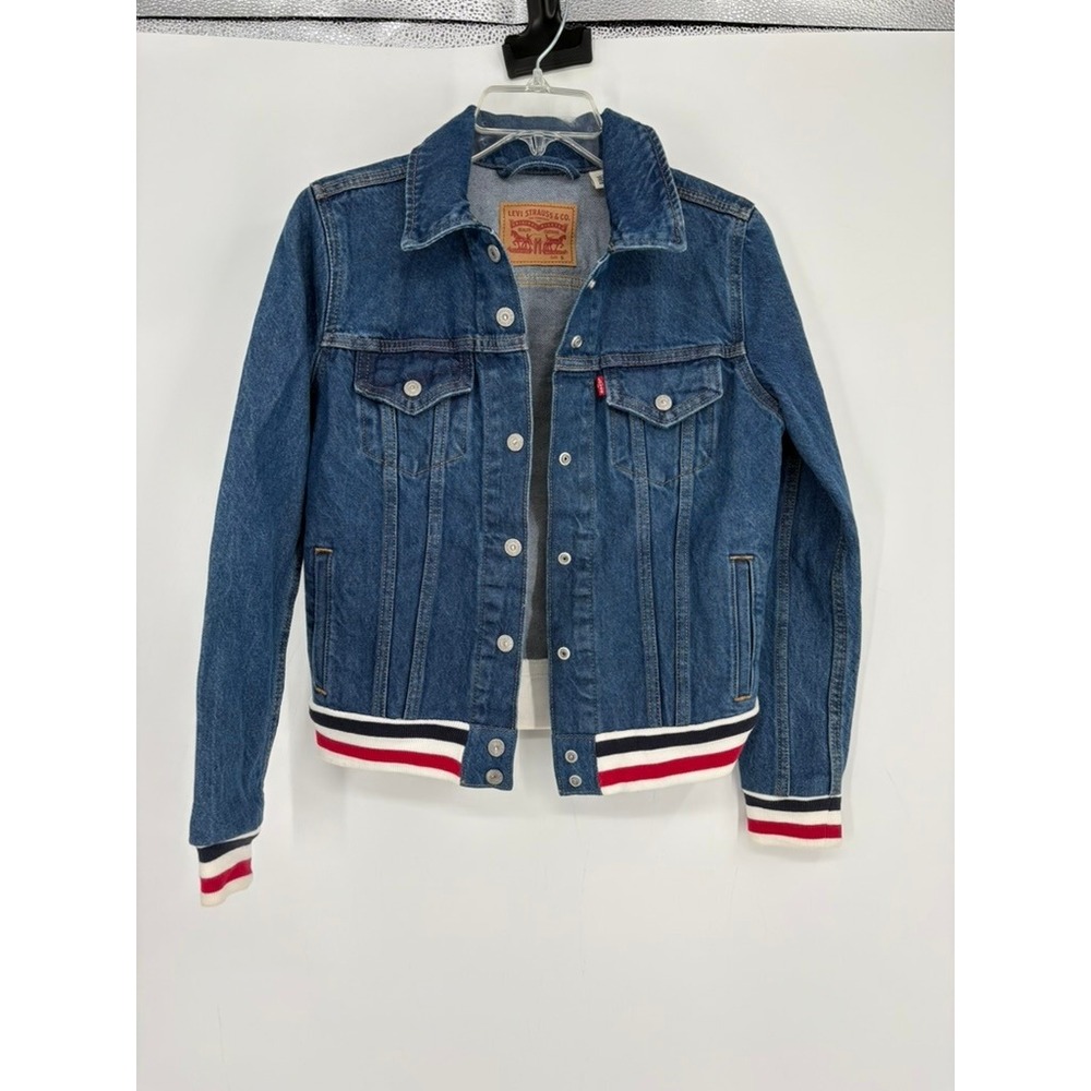 Levis Denim Jacket Womens S Blue Varsity Trucker Striped Trim Cotton‎ Sporty